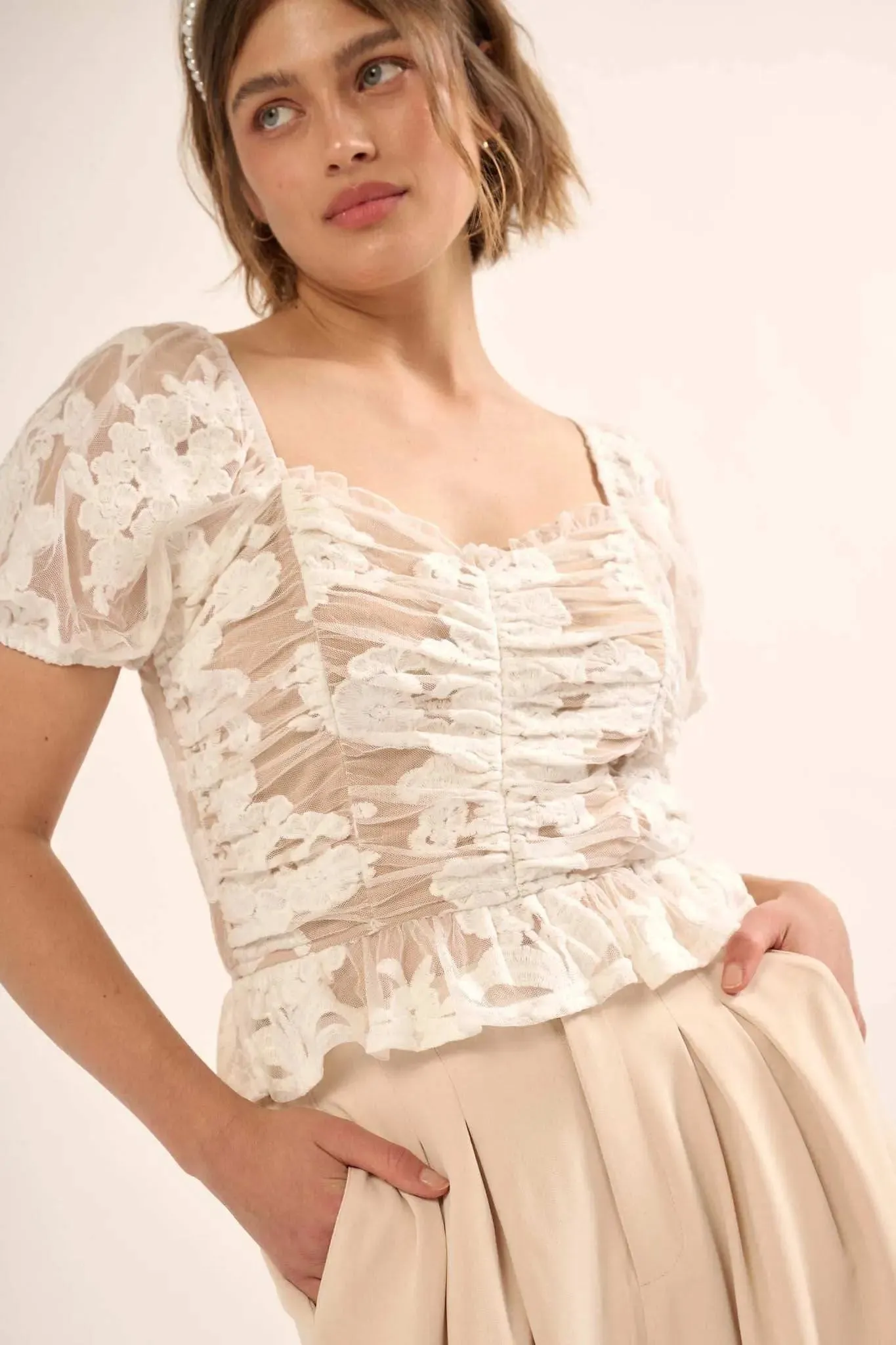 Heavenly Heart Embroidered Lace Puff-Sleeve Top sold by Promesa product image thumbnail 3