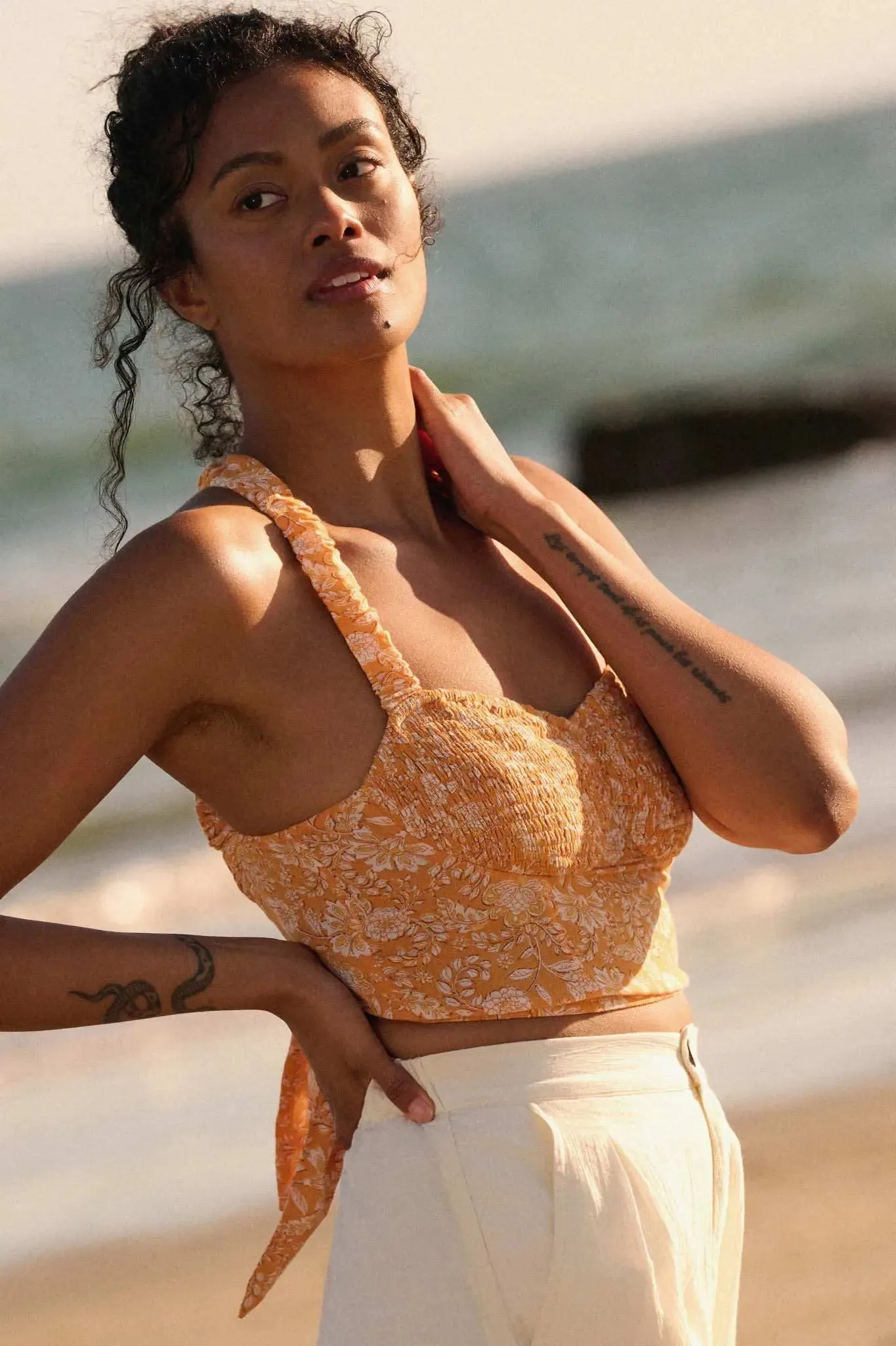 Sunset Blooms Smocked Floral Tie-Back Crop Top sold by Promesa product image thumbnail 2