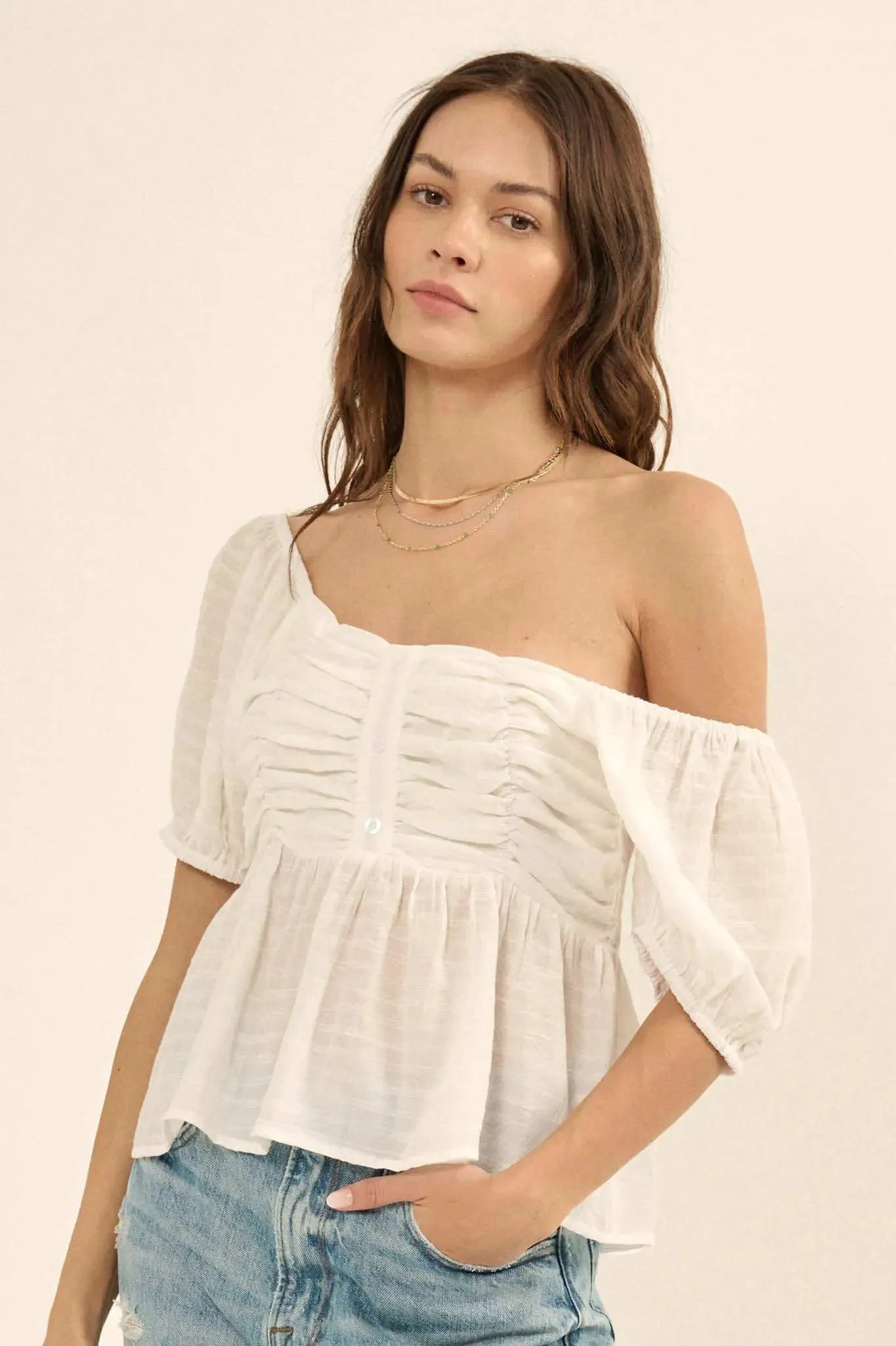 In Your Dreams Ruched Tonal-Stripe Peasant Top sold by Promesa product image thumbnail 5