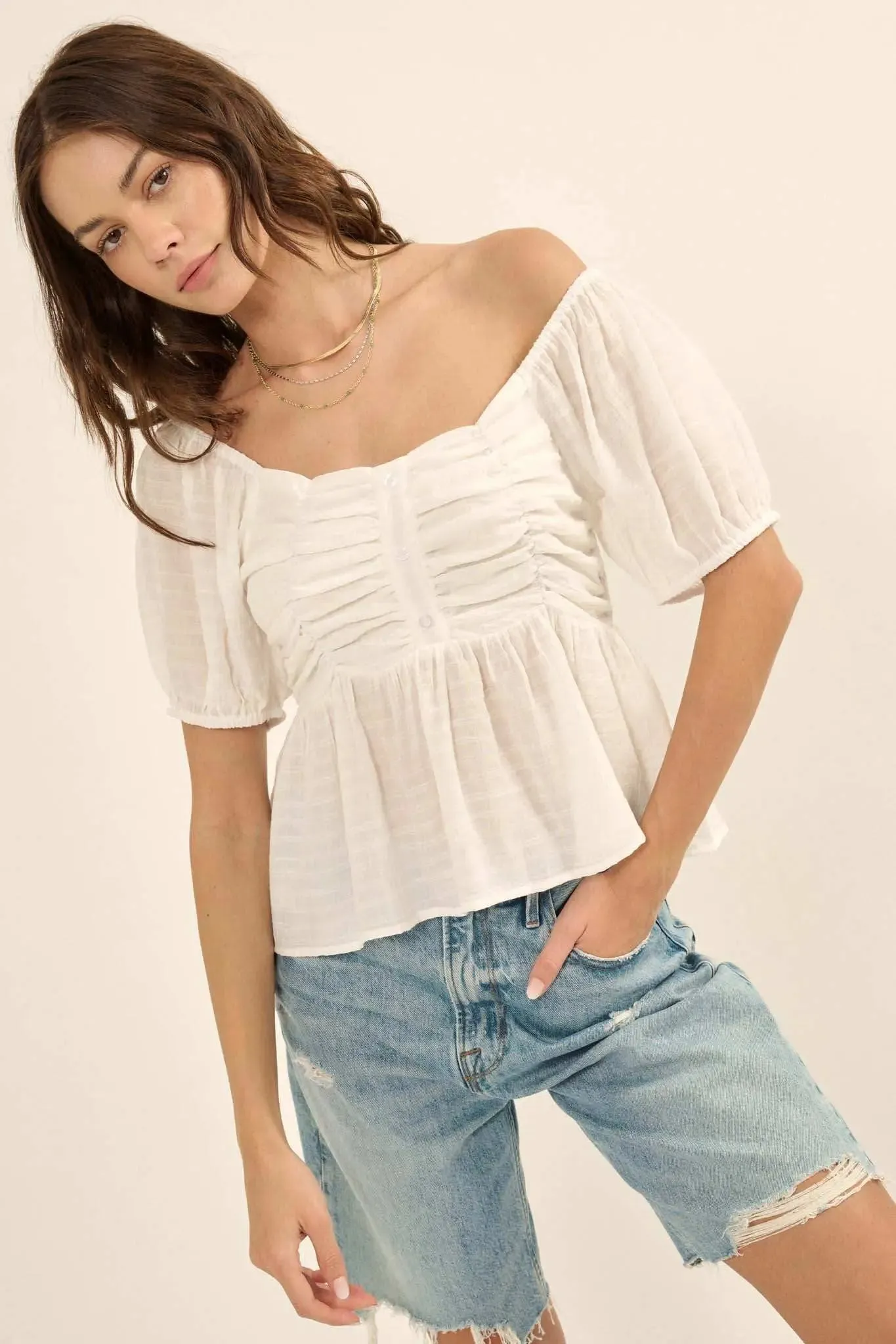 In Your Dreams Ruched Tonal-Stripe Peasant Top sold by Promesa product image thumbnail 3