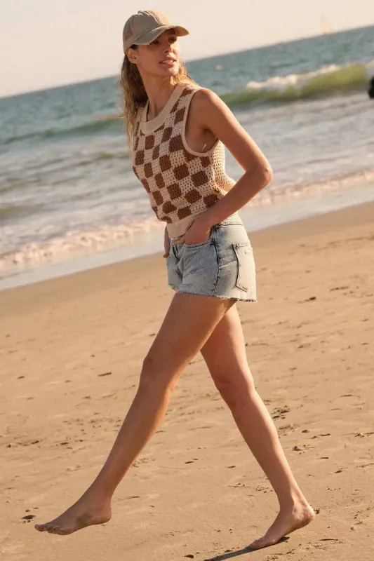 Boxed In Checker Crochet Knit Sweater Tank Top sold by Promesa