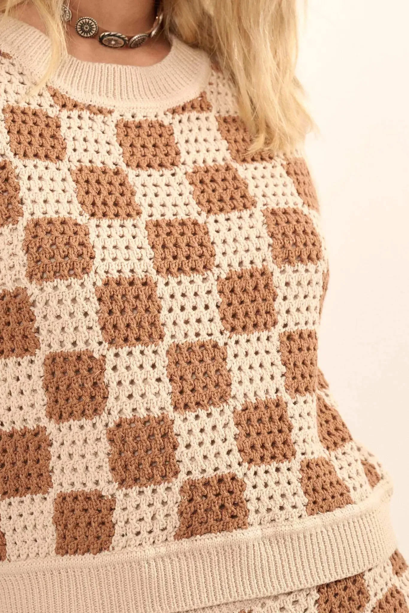 Boxed In Checker Crochet Knit Sweater Tank Top sold by Promesa product image thumbnail 4