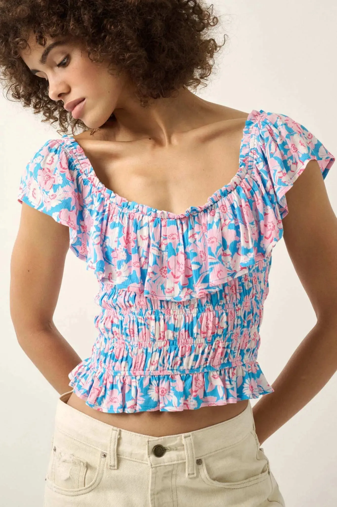 Cannes Coastline Floral Crepe Ruffle Blouse sold by Promesa product image thumbnail 5