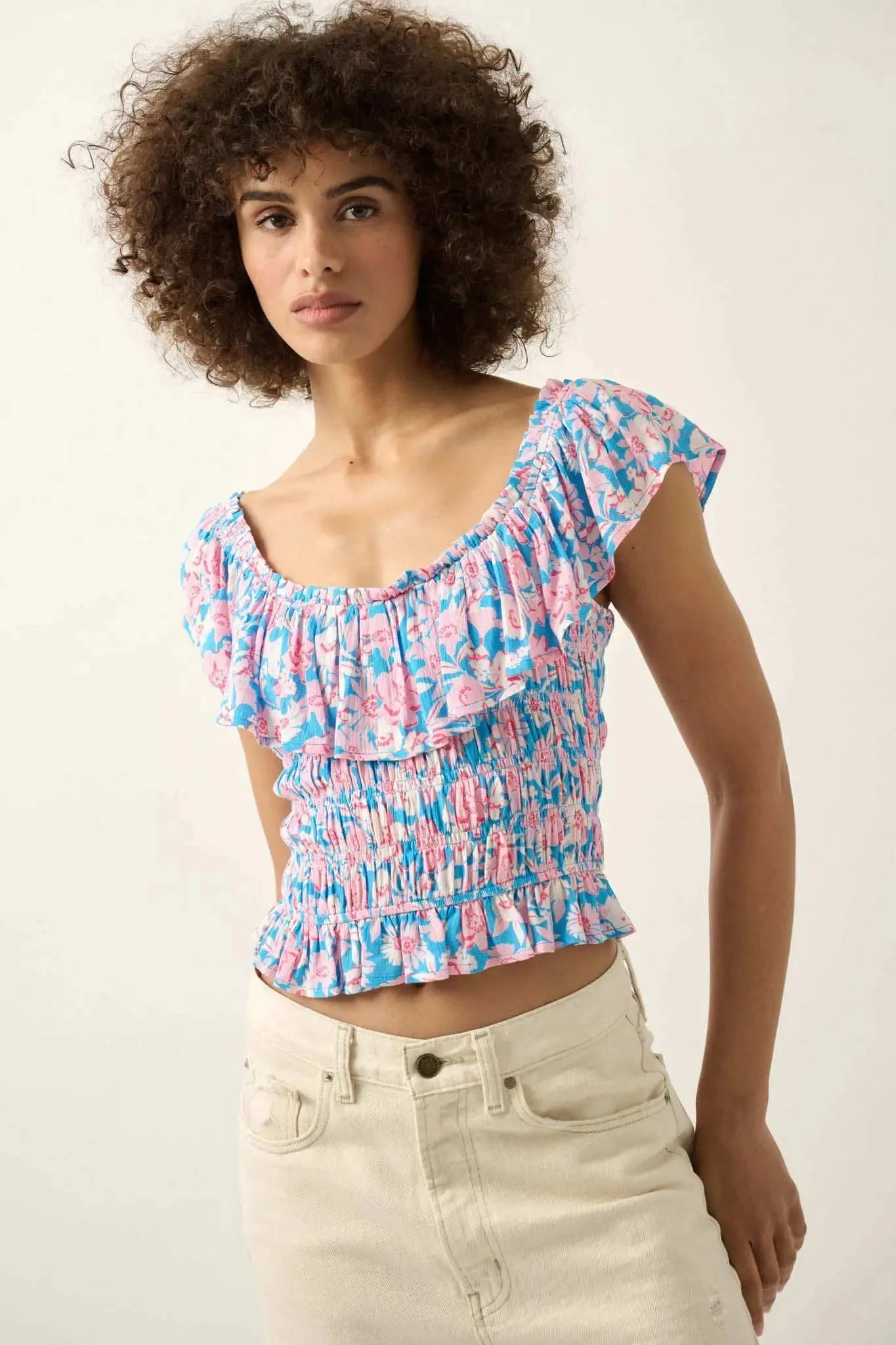 Cannes Coastline Floral Crepe Ruffle Blouse sold by Promesa product image thumbnail 3