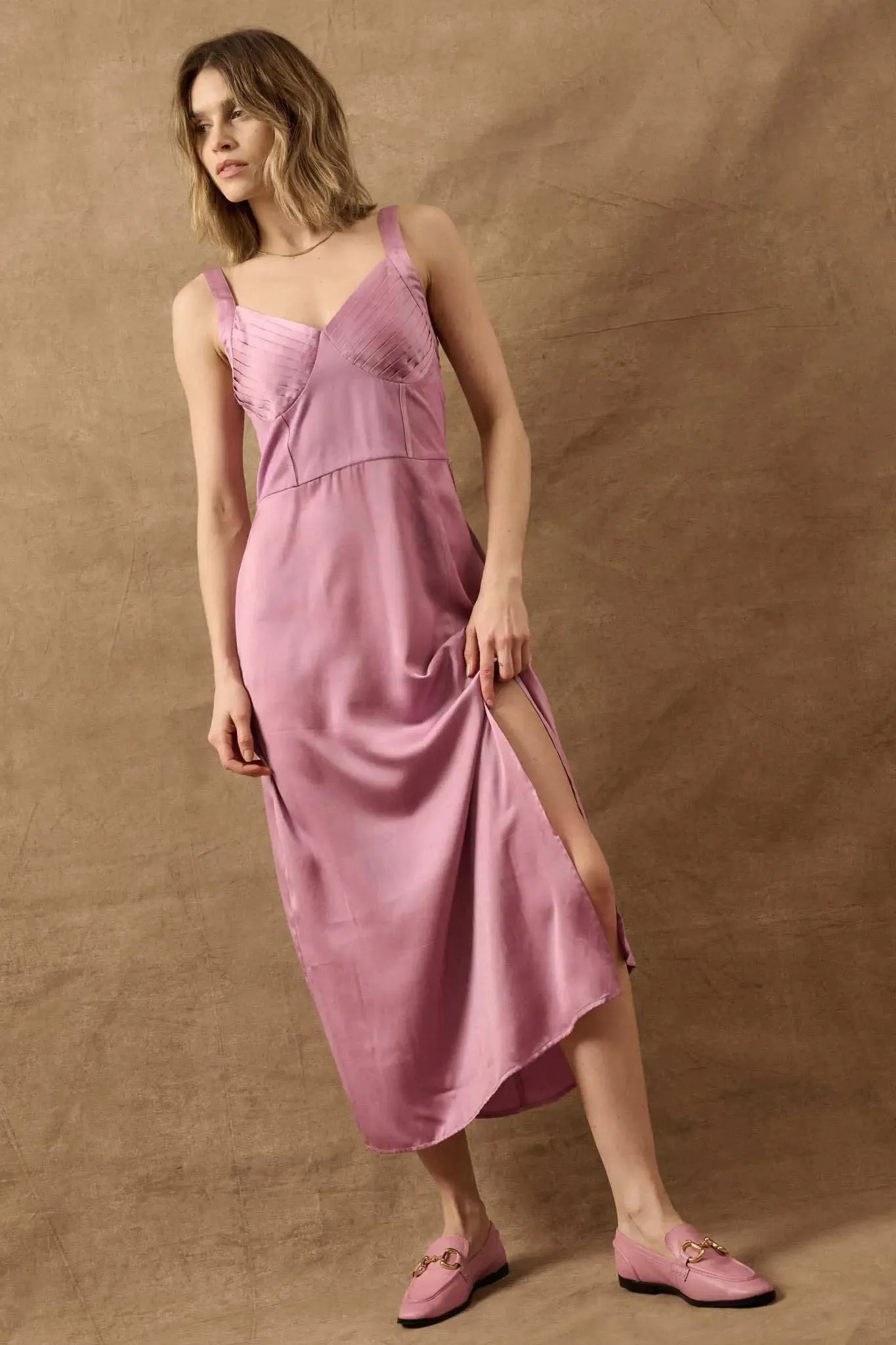 To the Nines Pleated Bodice Satin Midi Dress sold by Promesa product image thumbnail 5