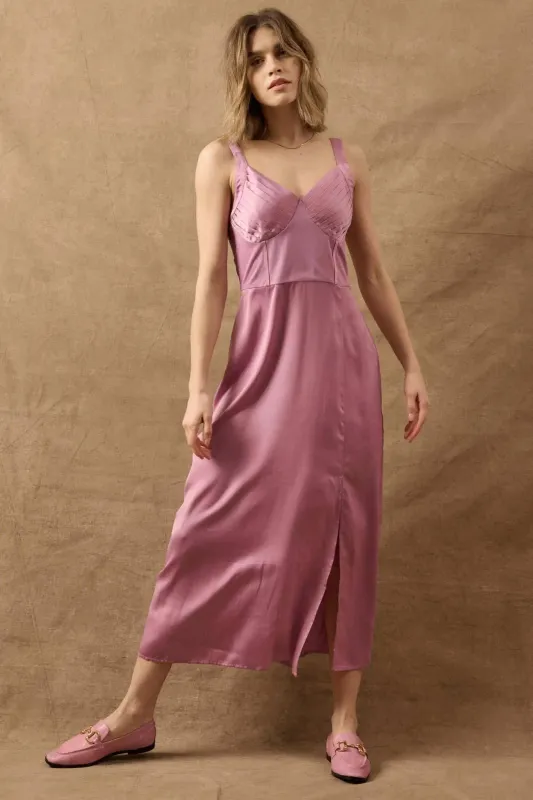To the Nines Pleated Bodice Satin Midi Dress sold by Promesa