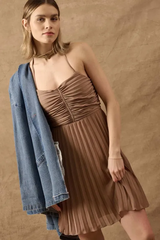 Mucho Mambo Accordion Pleated Halter Mini Dress sold by Promesa