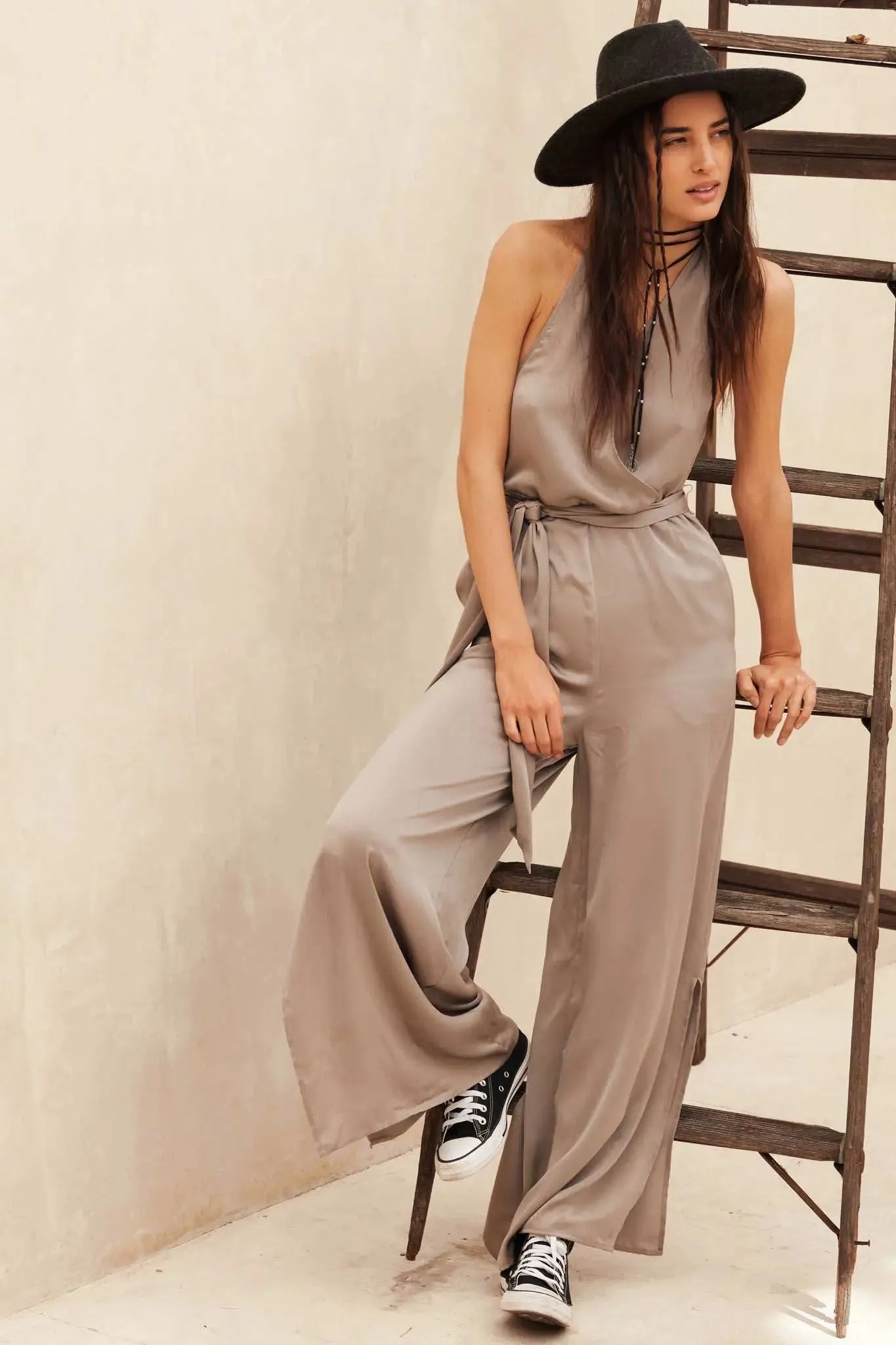Style Icon Satin Belted Wide-Leg Halter Jumpsuit sold by Promesa