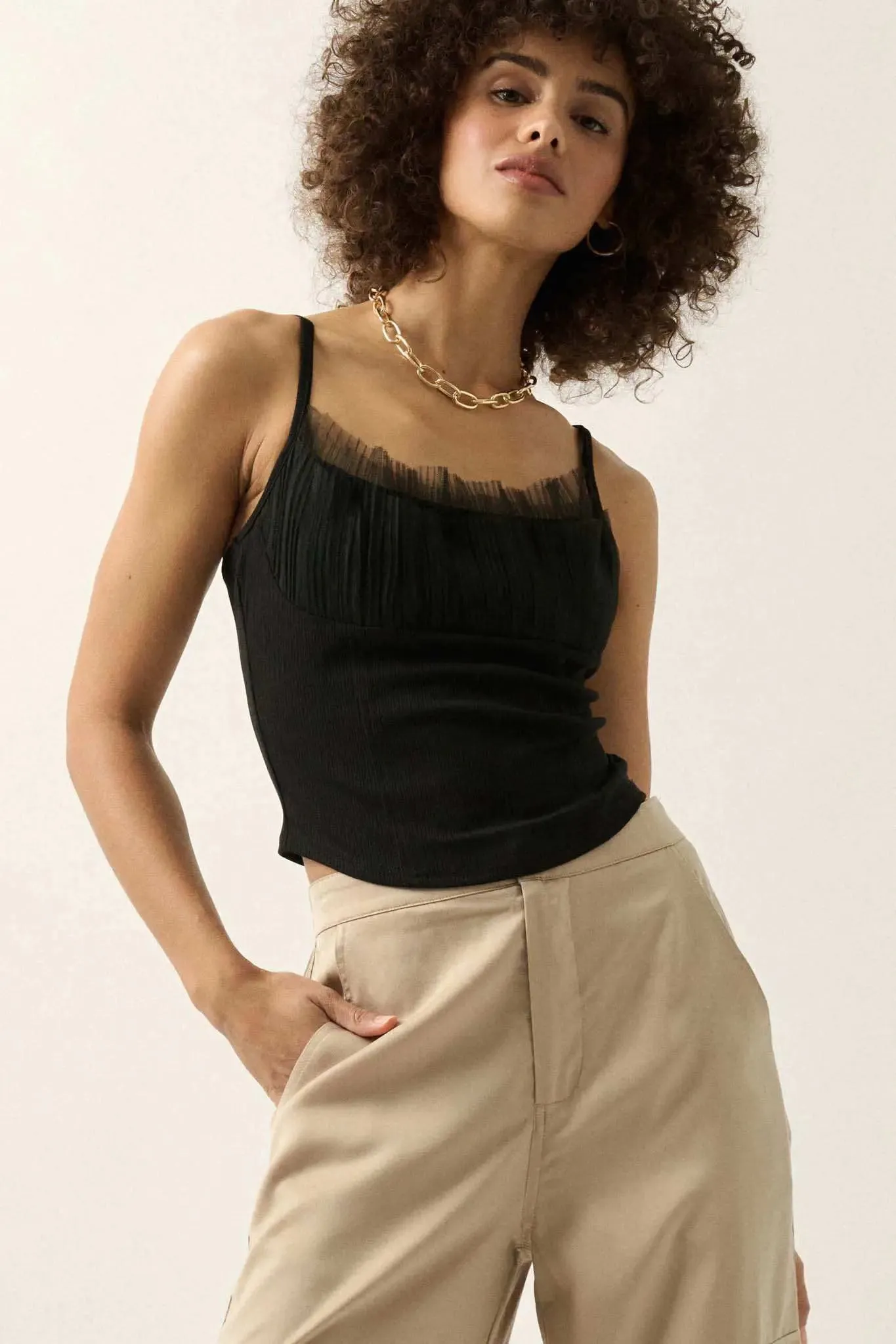Gracefully Glam Pleated Tulle Ruffle Cami Top sold by Promesa