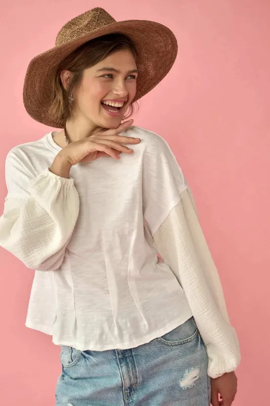 Hopeful Heart Mixed Media Pleated Long-Sleeve Top sold by Promesa