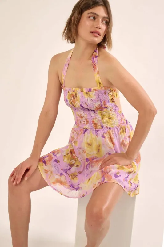 Orchid Skies Floral Chiffon Halter Mini Sundress sold by Promesa