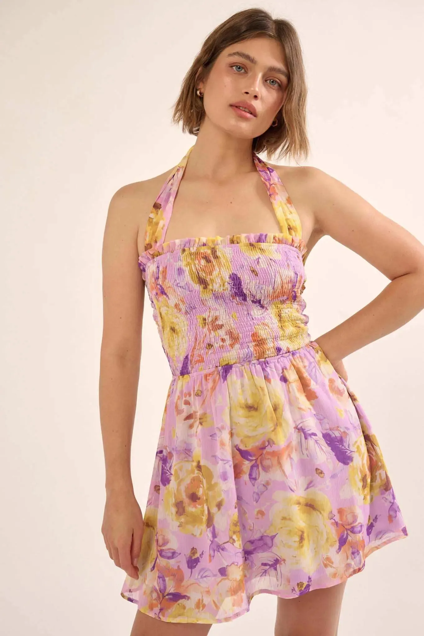 Orchid Skies Floral Chiffon Halter Mini Sundress sold by Promesa product image thumbnail 3