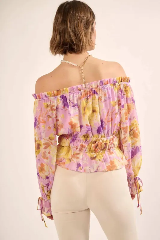 Violet Hour Floral Chiffon Off-Shoulder Peasant Top sold by Promesa