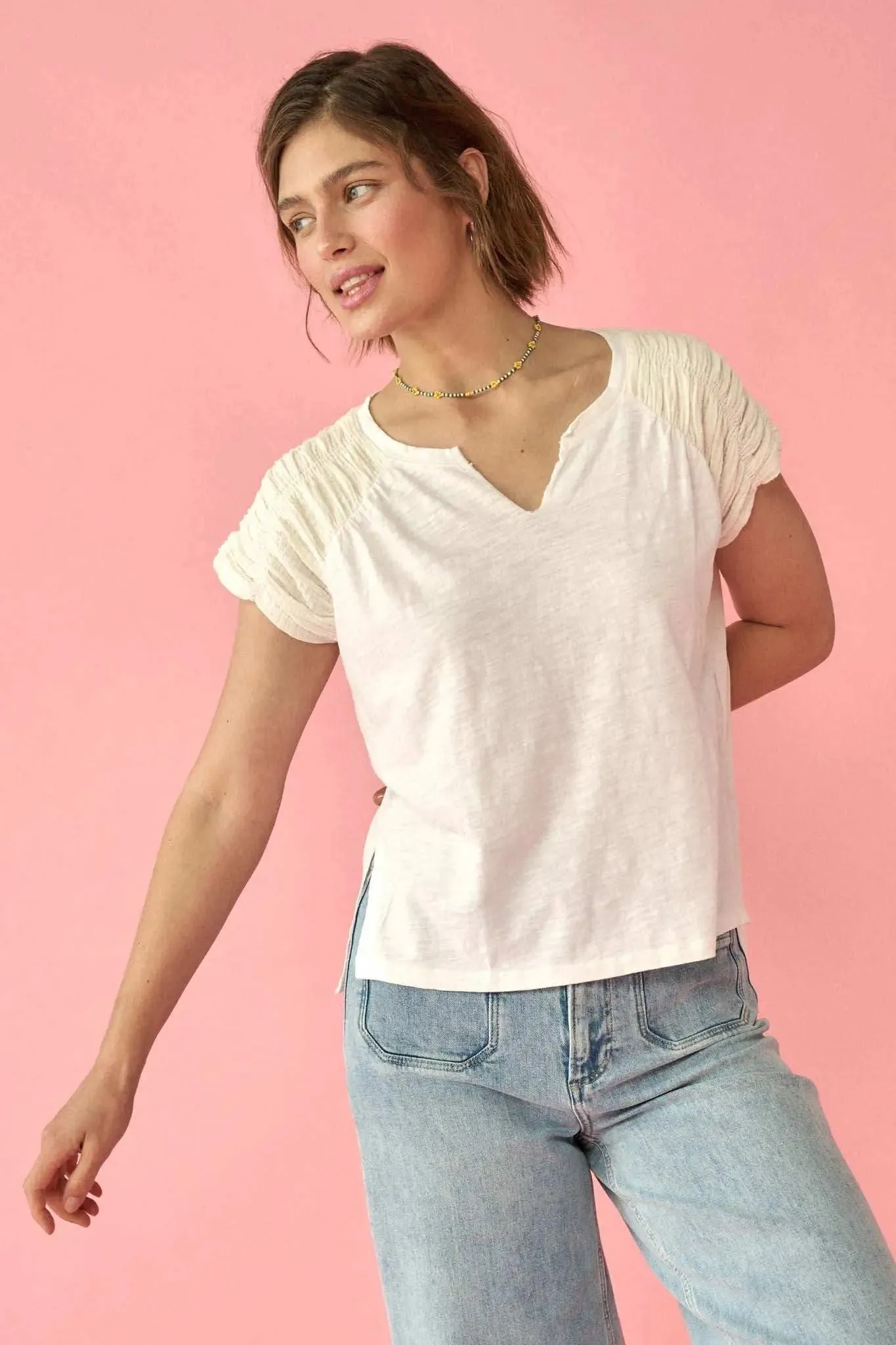 Easy Fit Ruched-Sleeve Cotton Slub Split-Neck Tee sold by Promesa product image thumbnail 3