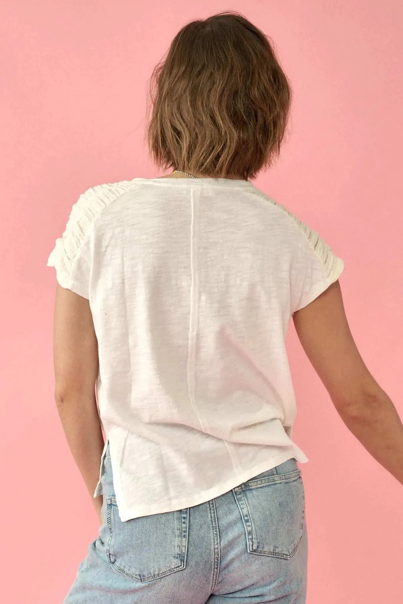 Easy Fit Ruched-Sleeve Cotton Slub Split-Neck Tee sold by Promesa product image thumbnail 2