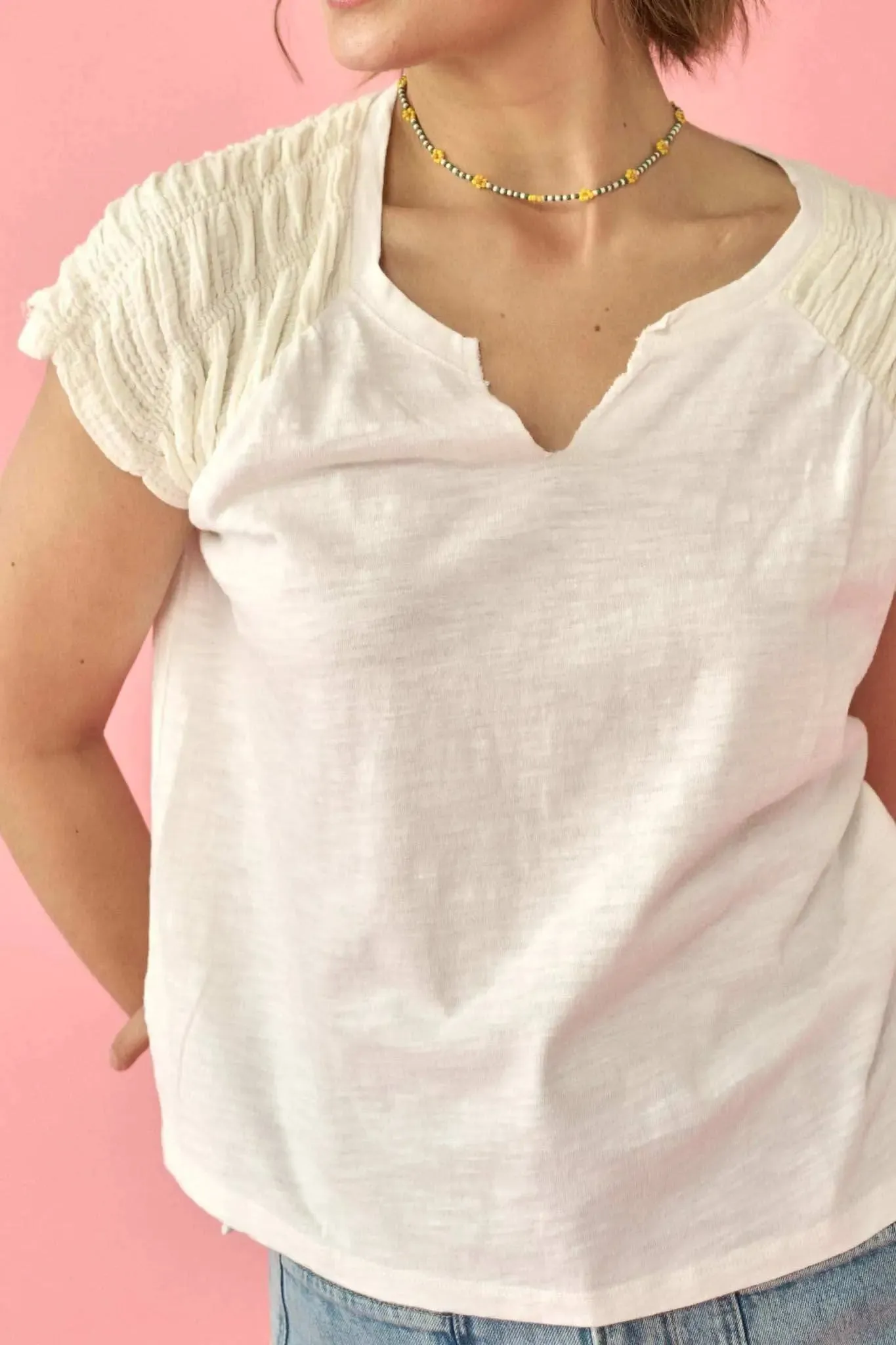Easy Fit Ruched-Sleeve Cotton Slub Split-Neck Tee sold by Promesa product image thumbnail 5