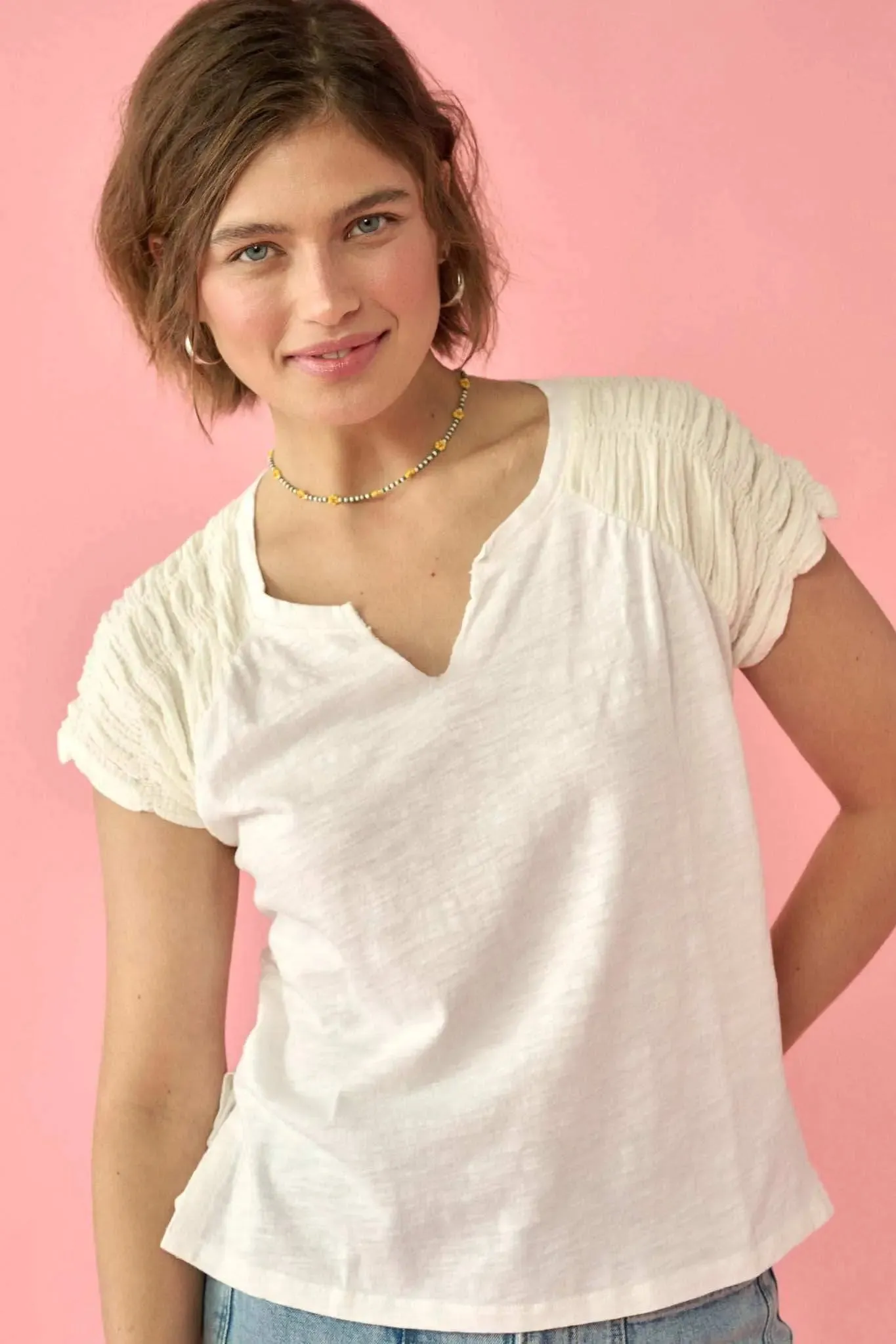 Easy Fit Ruched-Sleeve Cotton Slub Split-Neck Tee sold by Promesa product image thumbnail 4