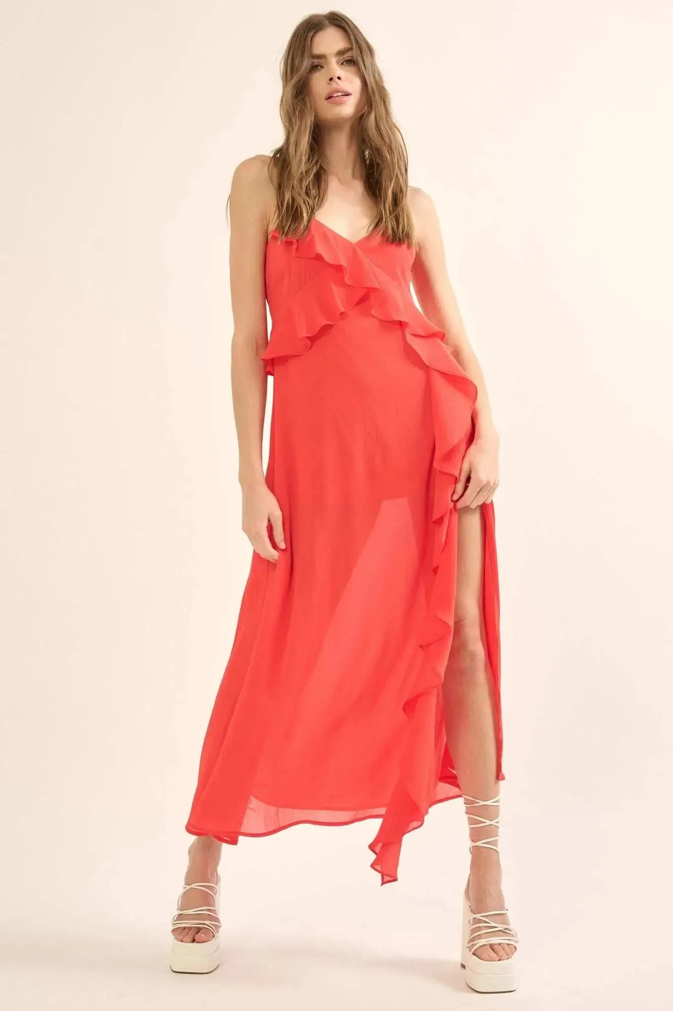 Flamenco Fever Ruffled Chiffon Maxi Slip Dress sold by Promesa product image thumbnail 3