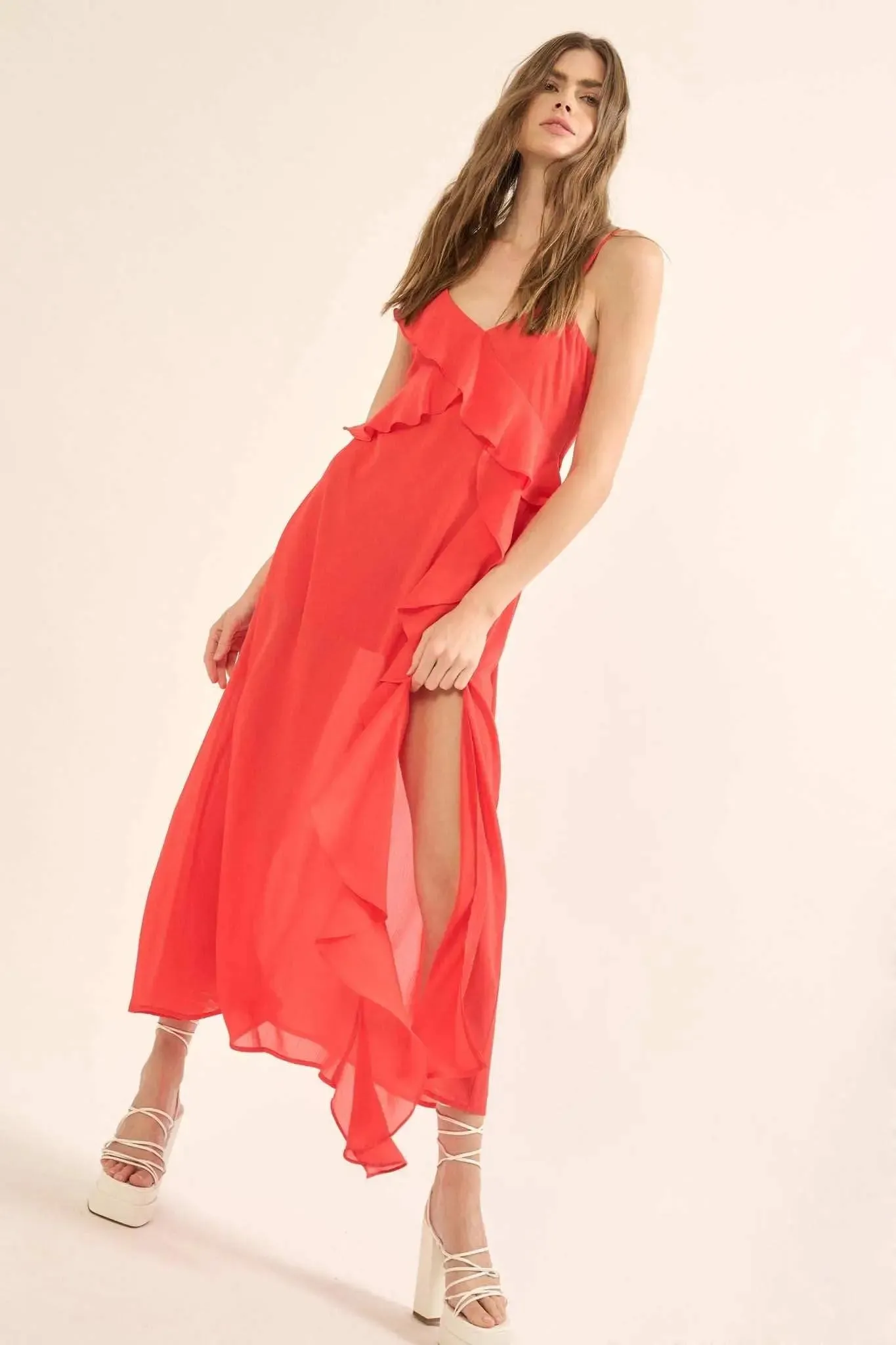 Flamenco Fever Ruffled Chiffon Maxi Slip Dress sold by Promesa product image thumbnail 4