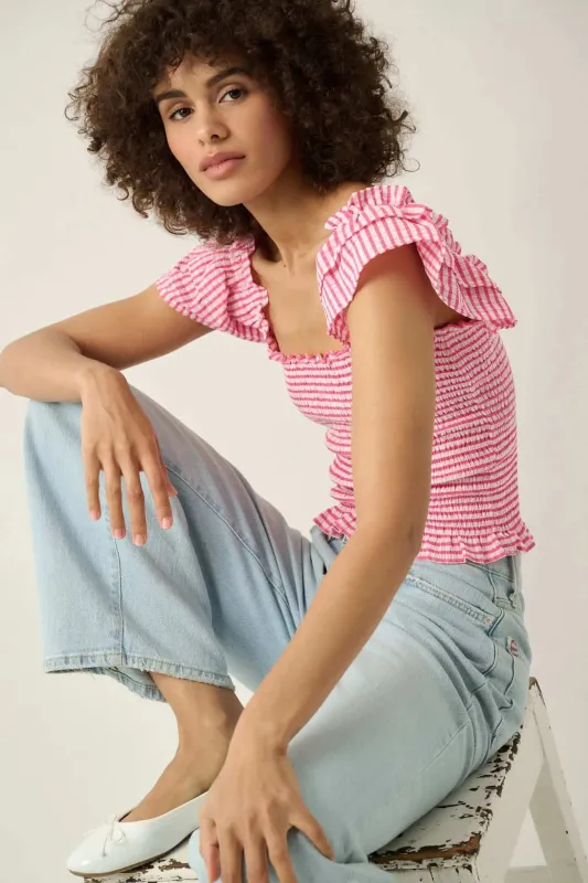 Candy Land Smocked Gingham Ruffled Peasant Top sold by Promesa