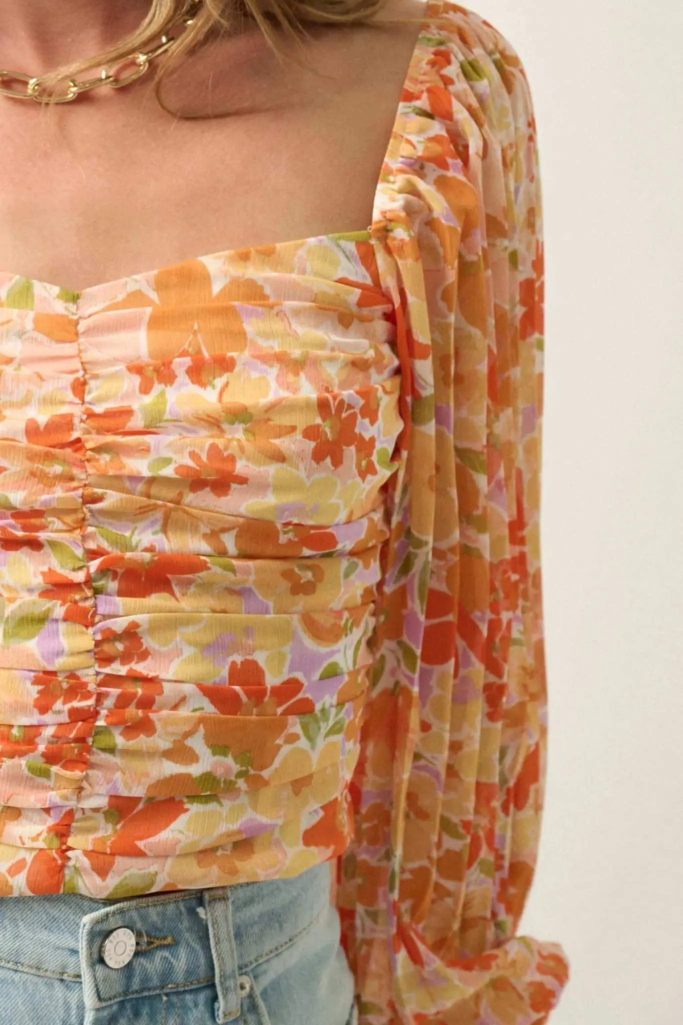 Apricot Kiss Ruched Floral Chiffon Pleated-Sleeve Top sold by Promesa product image thumbnail 4