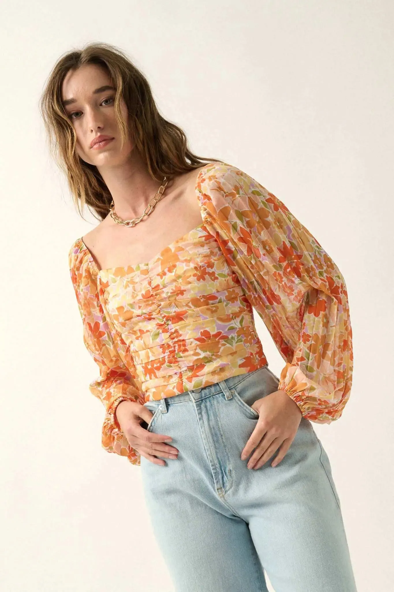 Apricot Kiss Ruched Floral Chiffon Pleated-Sleeve Top sold by Promesa product image thumbnail 3