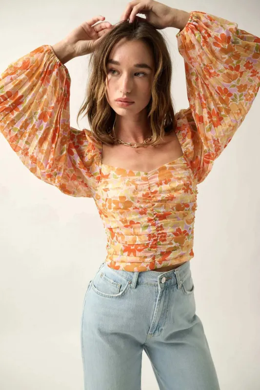 Apricot Kiss Ruched Floral Chiffon Pleated-Sleeve Top sold by Promesa