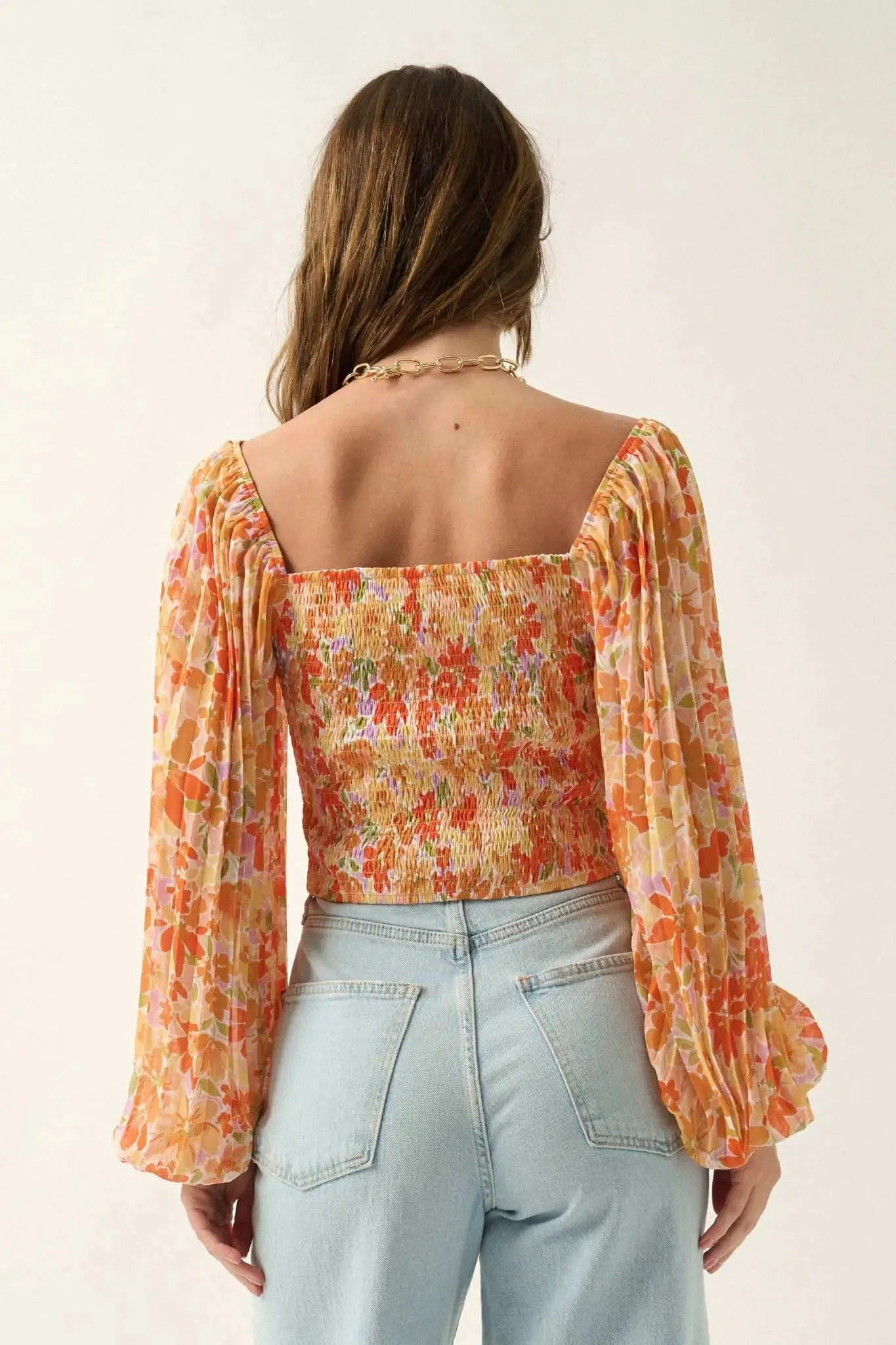Apricot Kiss Ruched Floral Chiffon Pleated-Sleeve Top sold by Promesa product image thumbnail 2