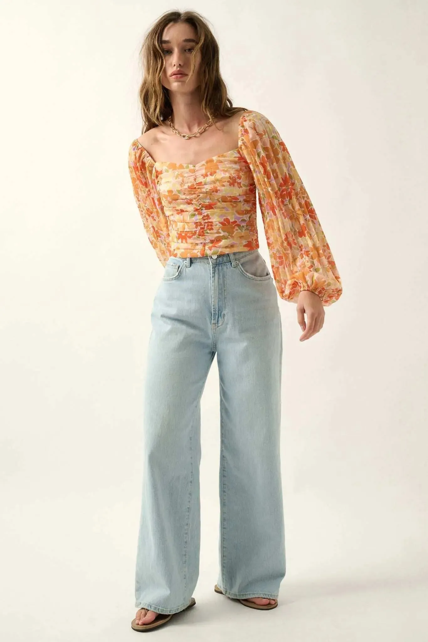 Apricot Kiss Ruched Floral Chiffon Pleated-Sleeve Top sold by Promesa product image thumbnail 5