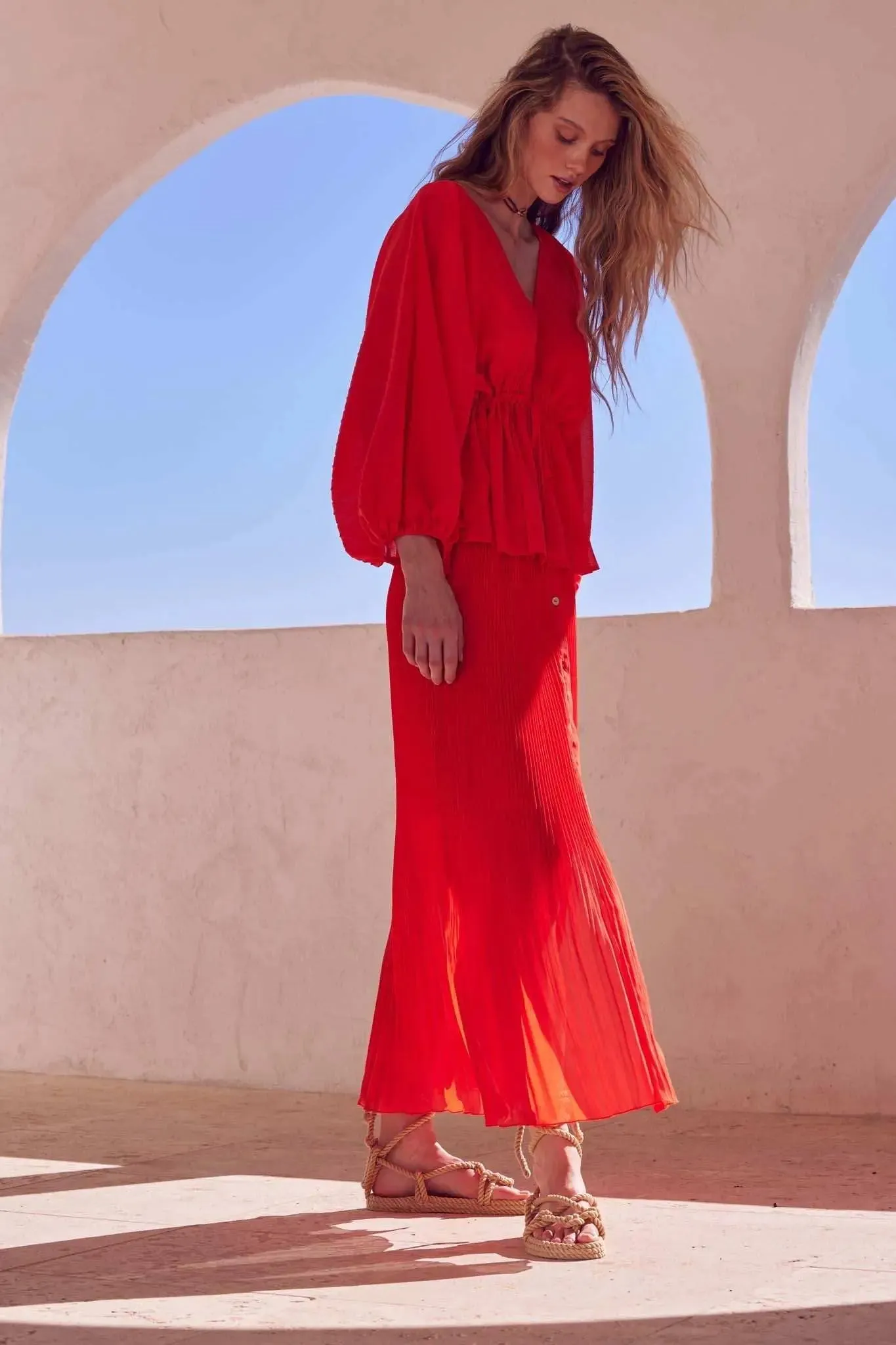 Fan Club Accordion Pleated Button-Front Maxi Skirt sold by Promesa