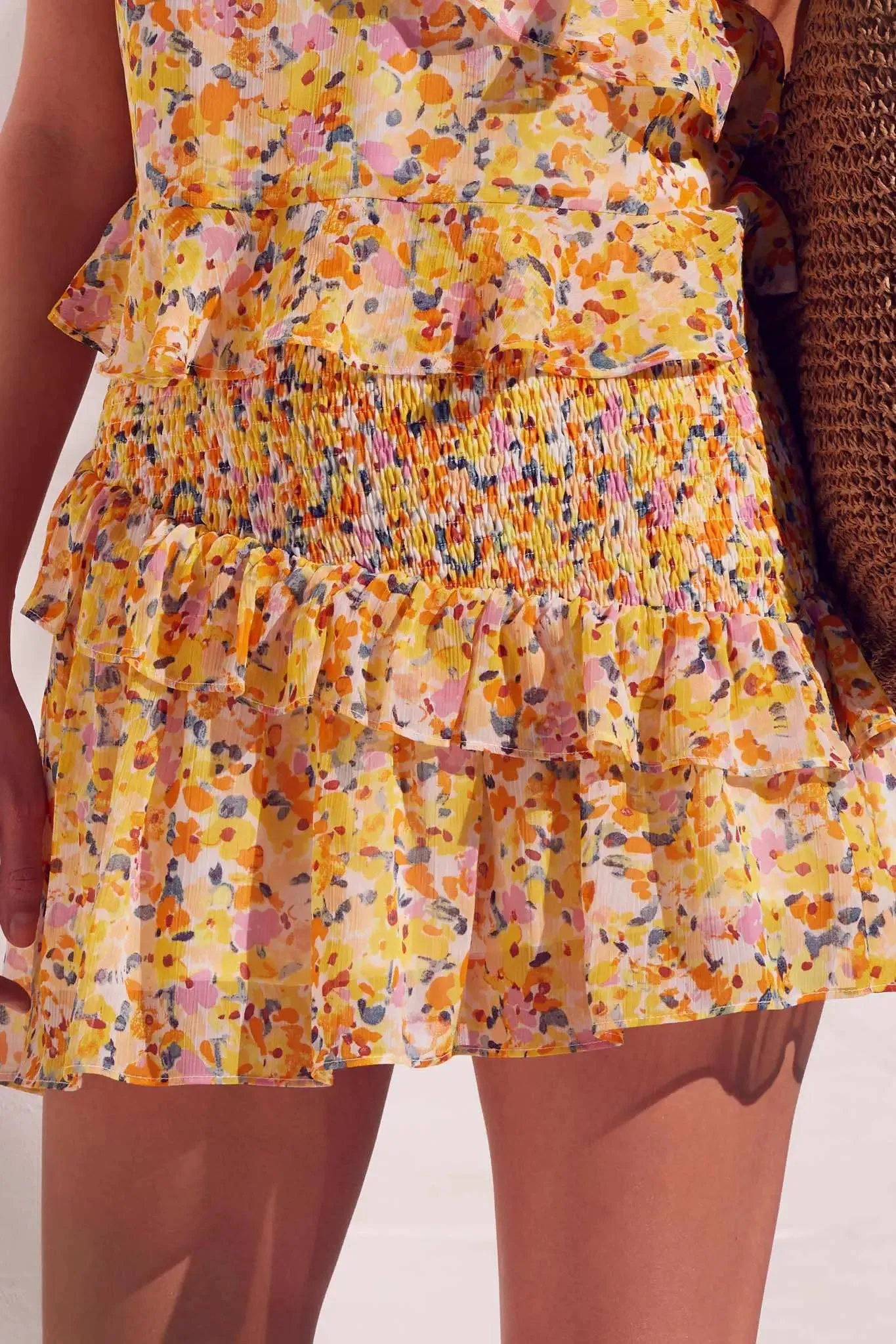 Sun Lover Smocked Floral Chiffon Ruffled Mini Skirt sold by Promesa