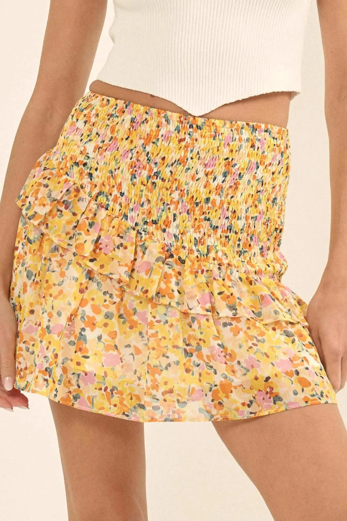 Sun Lover Smocked Floral Chiffon Ruffled Mini Skirt sold by Promesa product image thumbnail 4
