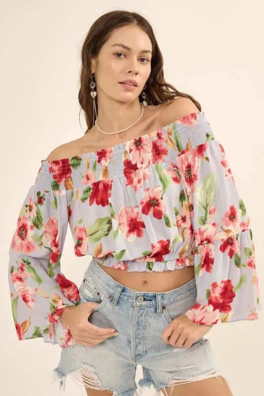Lush Life Floral Off-Shoulder Bell-Sleeve Top sold by Promesa