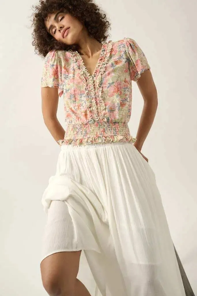 Watercolor Daydream Ruffled Floral Crepe Blouse sold by Promesa product image thumbnail 5