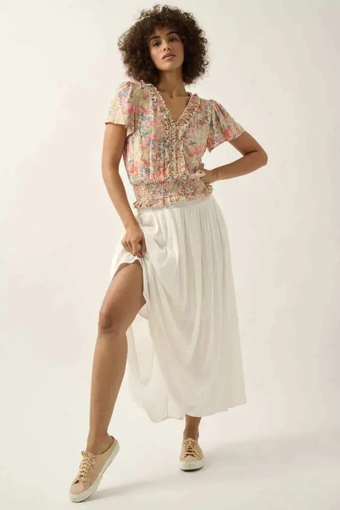 Watercolor Daydream Ruffled Floral Crepe Blouse sold by Promesa product image thumbnail 4