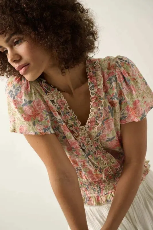 Watercolor Daydream Ruffled Floral Crepe Blouse sold by Promesa