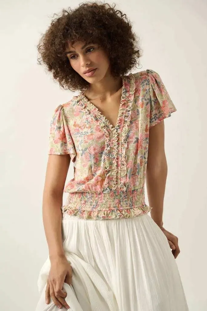Watercolor Daydream Ruffled Floral Crepe Blouse sold by Promesa product image thumbnail 3