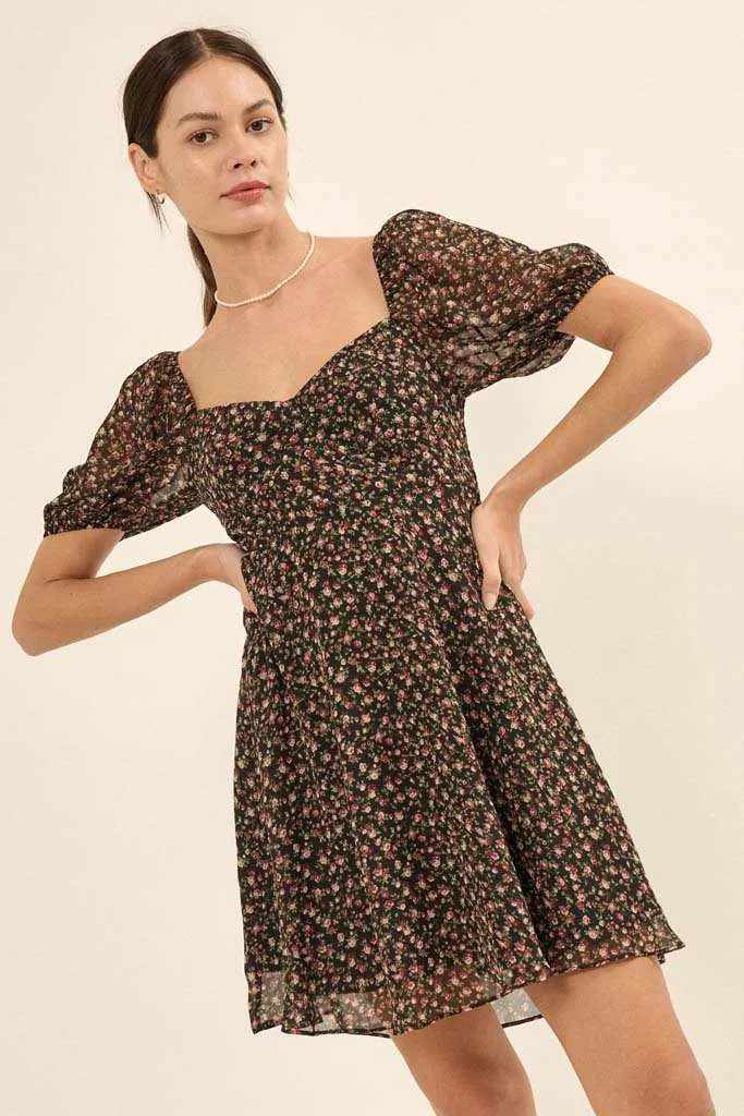 Roses are Red Floral Chiffon Mini Peasant Dress sold by Promesa