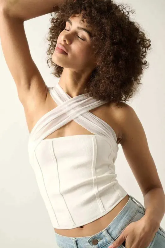 Shaper Fit Cross-Front Rib-Knit Corset Top sold by Promesa