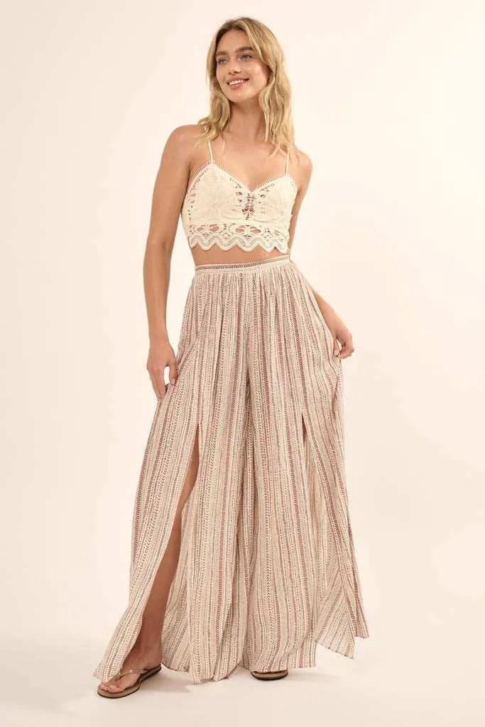 Journey Begins Geo-Print Wide-Leg Split Pants sold by Promesa