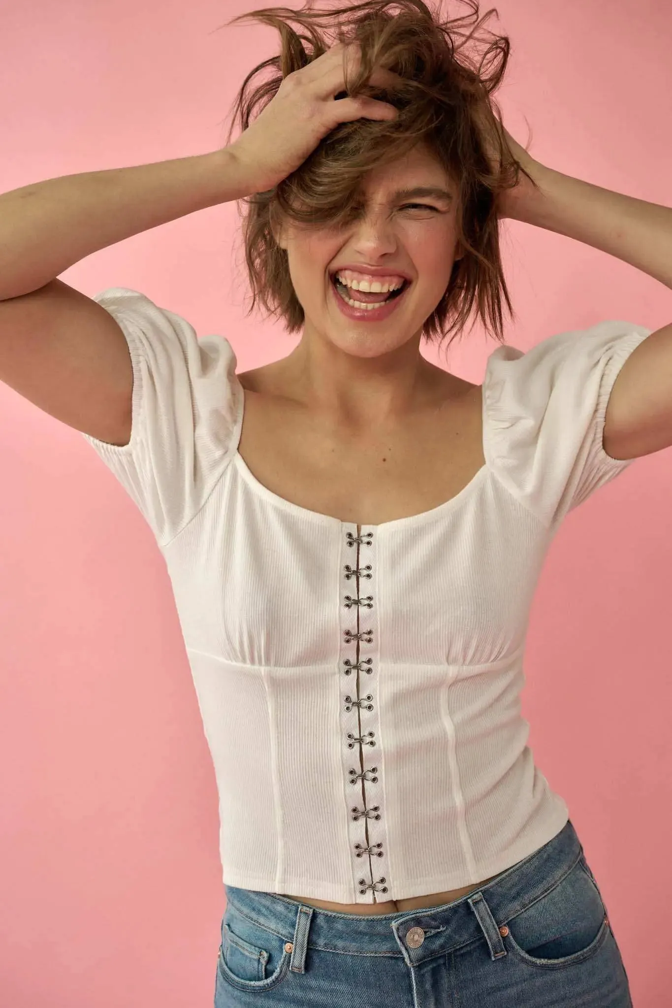 Promise the Label Rib-Knit Puff-Sleeve Peasant Top sold by Promesa