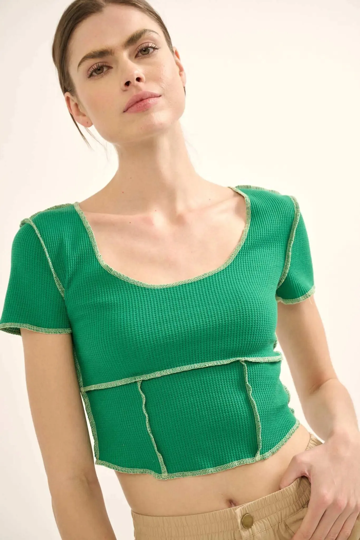 Never Say Never Cropped Exposed-Seam Waffle Tee sold by Promesa product image thumbnail 3