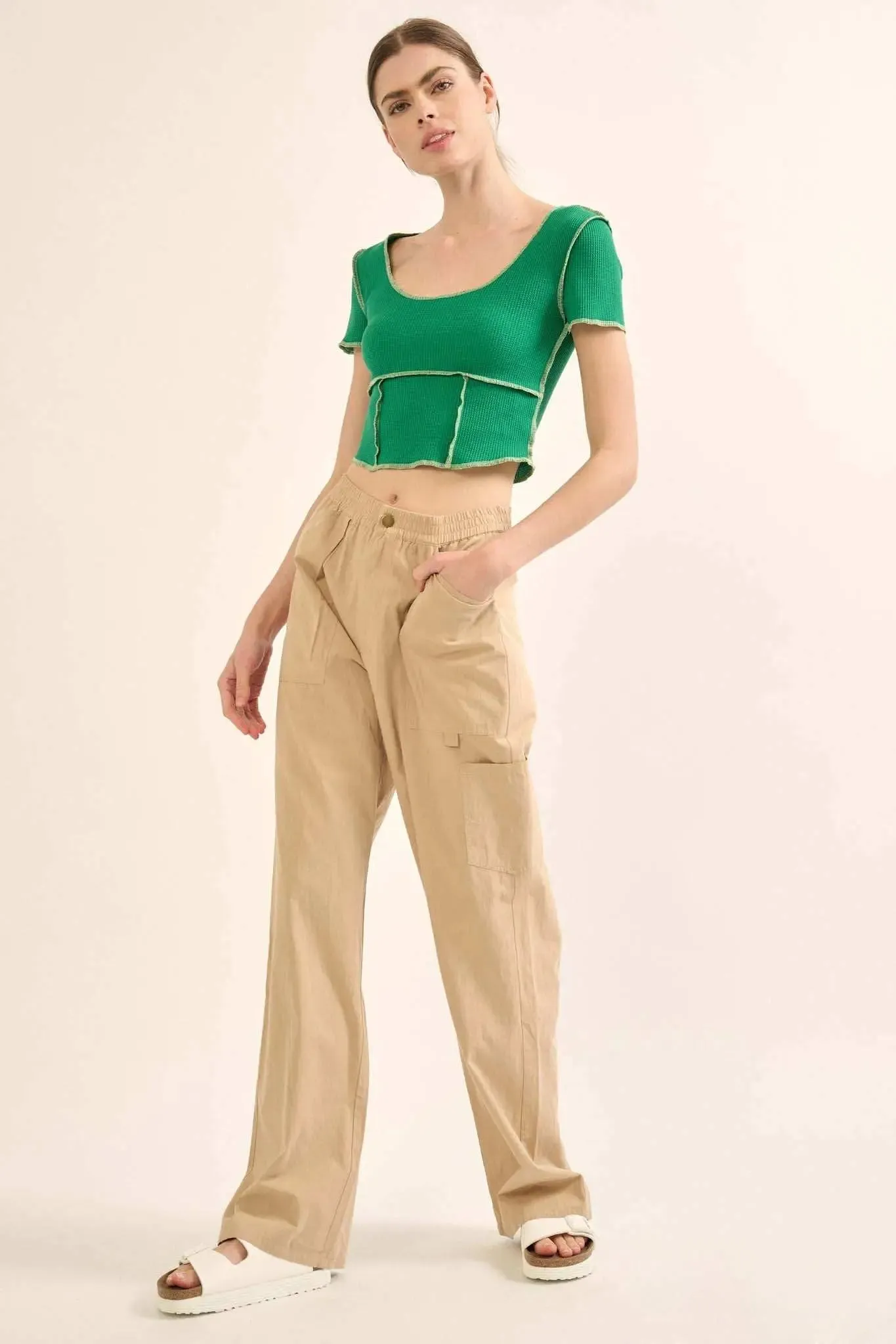 Never Say Never Cropped Exposed-Seam Waffle Tee sold by Promesa product image thumbnail 4