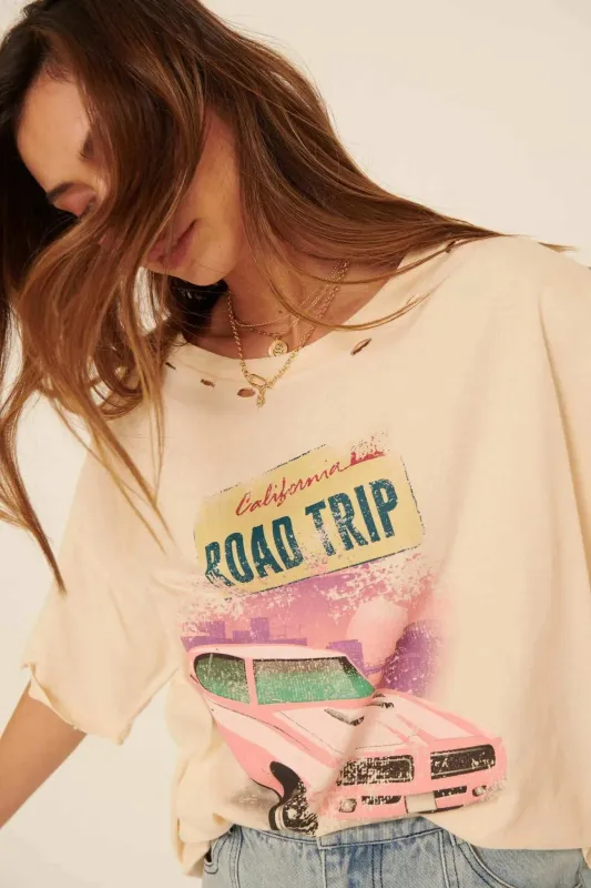 Road Trip Distressed Oversize Graphic Tee sold by Promesa