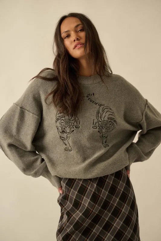 Twin Tigers Embroidered Exposed-Seam Sweater sold by Promesa