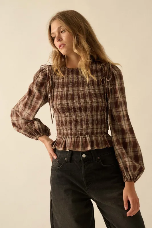 Come Together Plaid Detachable-Sleeve Peasant Top sold by Promesa