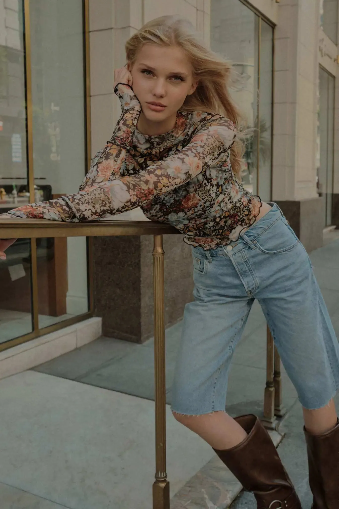 Autumn Blossoms Floral Mesh Mock-Neck Thumbhole Top sold by Promesa