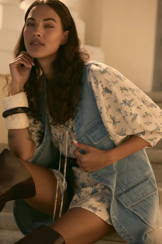 One of These Days Denim Open-Front Cargo Vest sold by Promesa