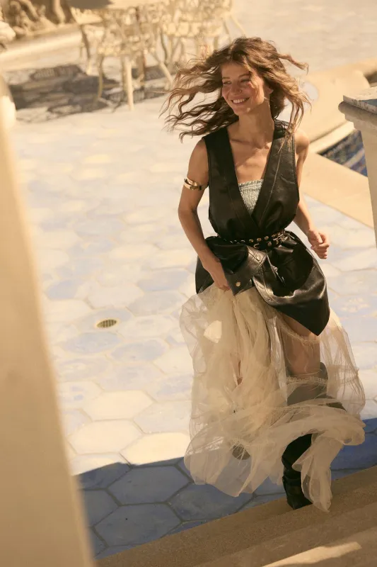 Dancing on Air Denim and Tulle Layering Maxi Dress sold by Promesa