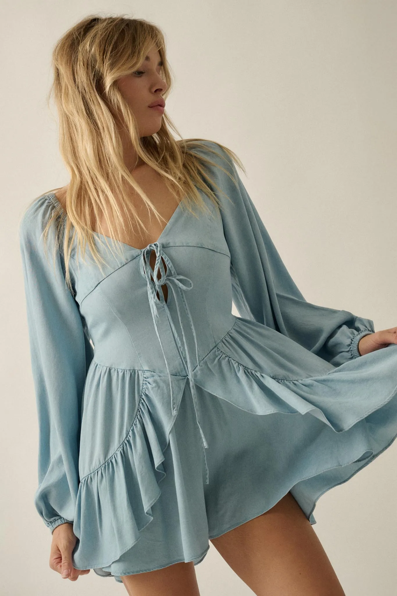 Bright Sky Ruffled Denim Tie-Front Romper sold by Promesa product image thumbnail 4
